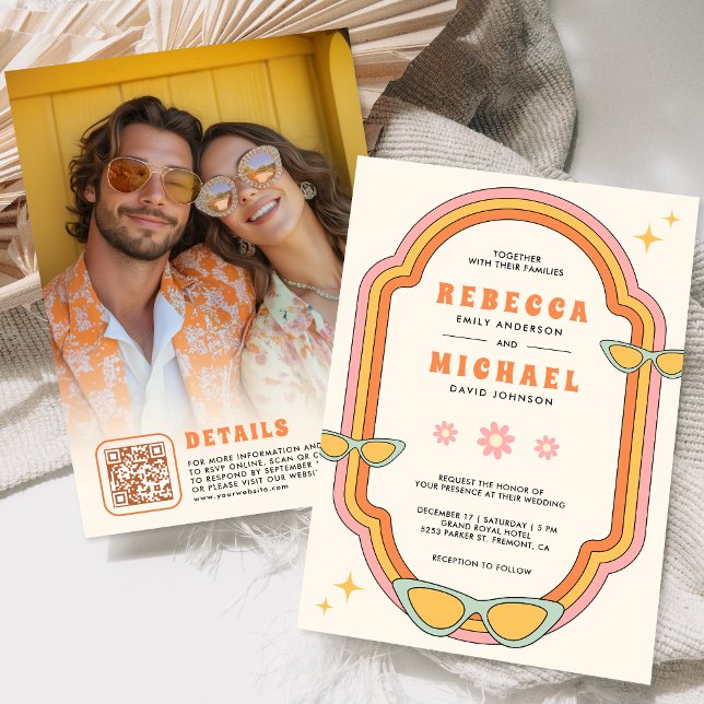 Convites Casamento Retro Colorido Boho dos Anos 70 (Criador carregado)