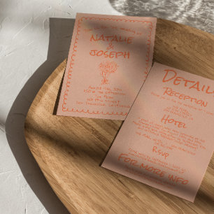 Convites Casamento Retro Coral Manuscrito Excêntrico Tudo E