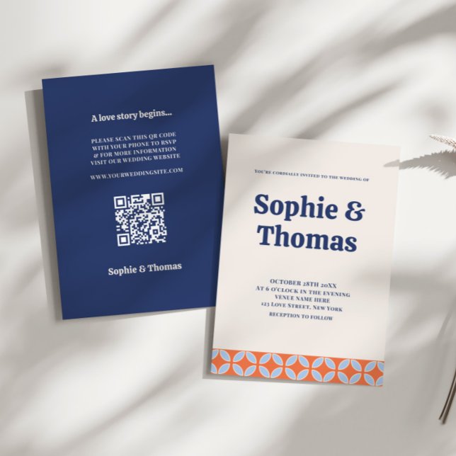 Convites Casamento Retro de Meados do Século (Mid Century Modern Wedding Invitation Orange and Blue)
