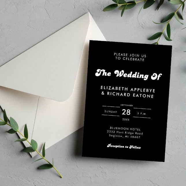 Convites Casamento Retro Elegante Preto e Branco (Retro black and white wedding invitation brings a timeless, stylish feel to your big day.)