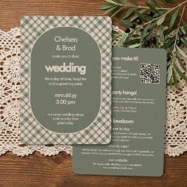 Convites Casamento Retro em Xadrez Verde Sage Tudo-em-Um