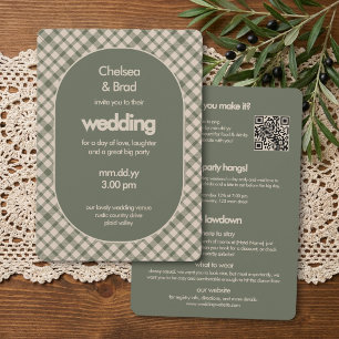 Convites Casamento Retro em Xadrez Verde Sage Tudo-em-Um