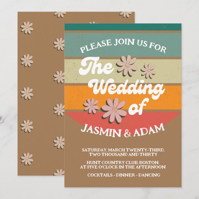 Convites Casamento Retro Groovy Daisy (Frente/Verso)
