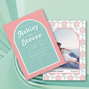 Convites Casamento retrô groovy pêssego e aqua inspirado no