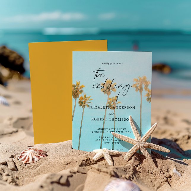 Convites Casamento Retrô na Praia Tropical com Palmeiras (Criador carregado)