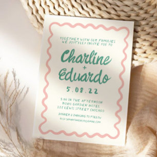 Convites Casamento Retro Rosa e Verde com Escrita Manual