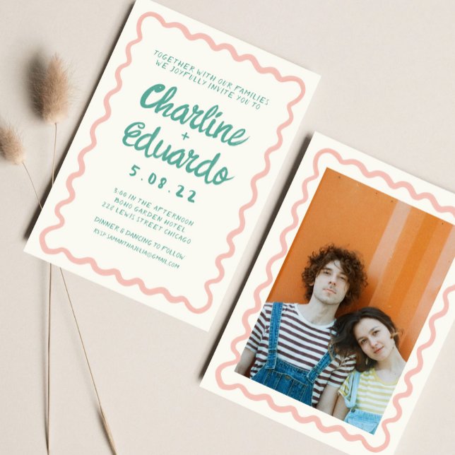 Convites Casamento Retro Rosa e Verde com Escrita Manual (Criador carregado)