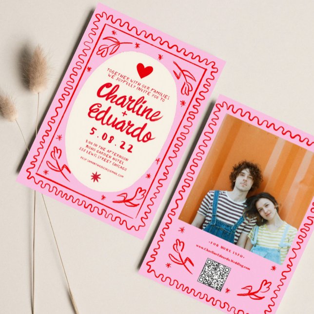 Convites Casamento Retroativo Cinzento-Rosa Desenhado Mão E (Criador carregado)