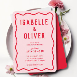 Convites Casamento Retroativo Cinzento Vermelho Cor-de-Rosa