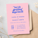 Convites Casamento Retroativo Moderno Rosa e Azul<br><div class="desc">Um convite de casamento rosa e azul,  brilhante e ligeiramente retrô para casais que amam cor e casamentos não tradicionais. Personalize o texto com o seu próprio. Você pode até alterar a cor do plano de fundo e a cor do texto.</div>