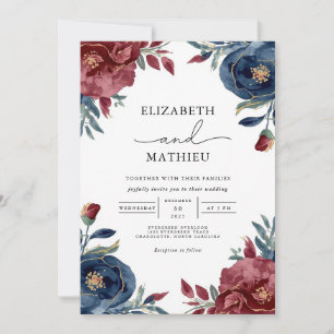 Convites Casamento Rich Burgundy Marinho Floral Garden