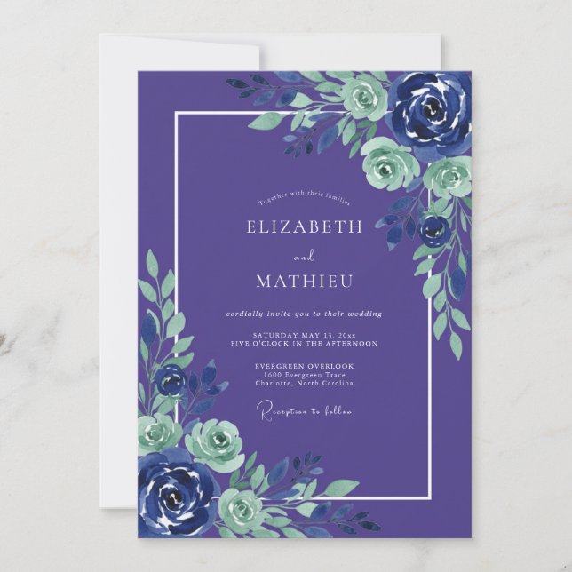Convites Casamento Romance Botânico Indigo Mint (Frente)