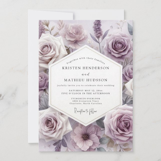 Convites Casamento Romance Botânico Rosa Lavanda (Frente)