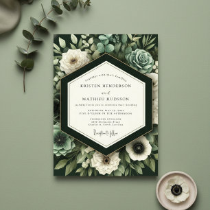Convites Casamento Romance Botânico Verde Profundo