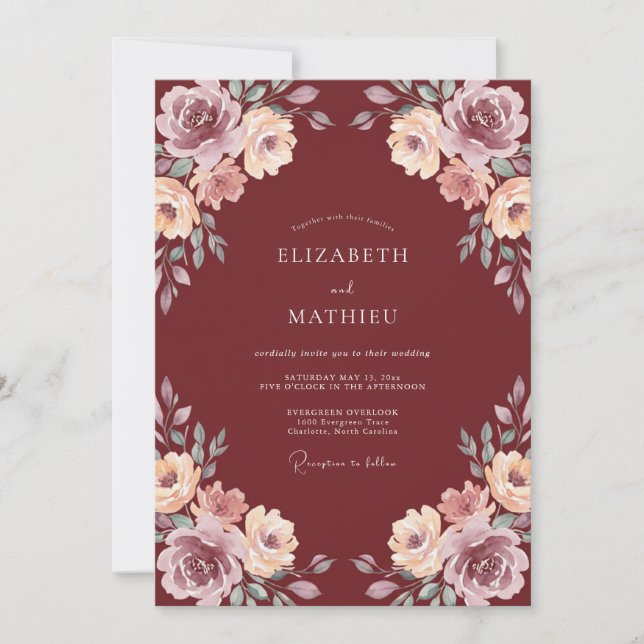 Convites Casamento Romance Burgundy Florescente (Frente)