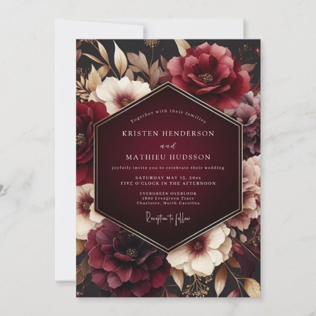 Convites Casamento Romance Burgundy Moody Bloom (Frente)