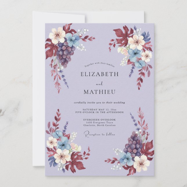 Convites Casamento Romance Colheita Floral Borgonha (Frente)