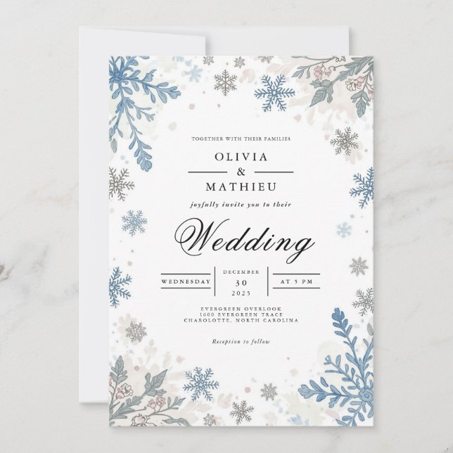 Convites Casamento Romance com Floco de Neve Azul Frosty (Frente)