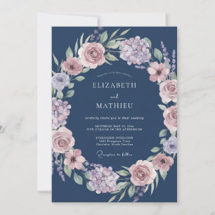 Convites Casamento Romance com Grinalda Floral Azul Marinho