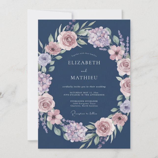 Convites Casamento Romance com Grinalda Floral Azul Marinho (Frente)