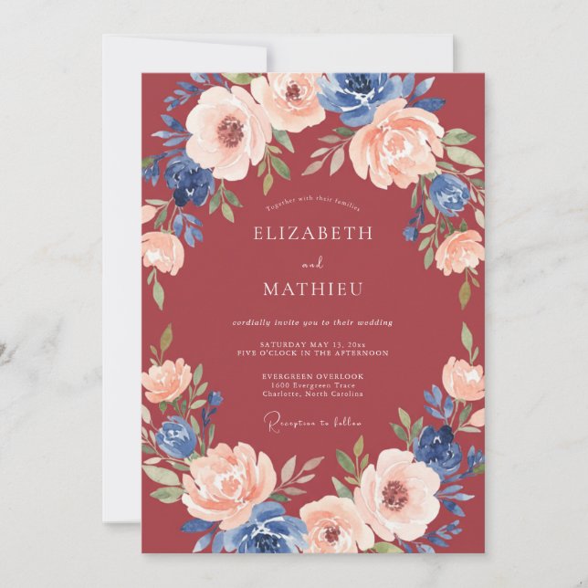 Convites Casamento Romance Coroa Floral Borgonha (Frente)