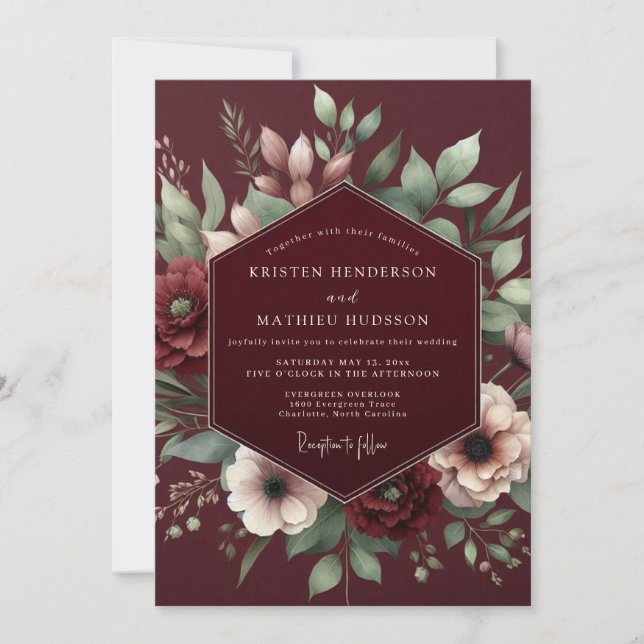 Convites Casamento Romance de Flor Burgundy Dourada (Frente)