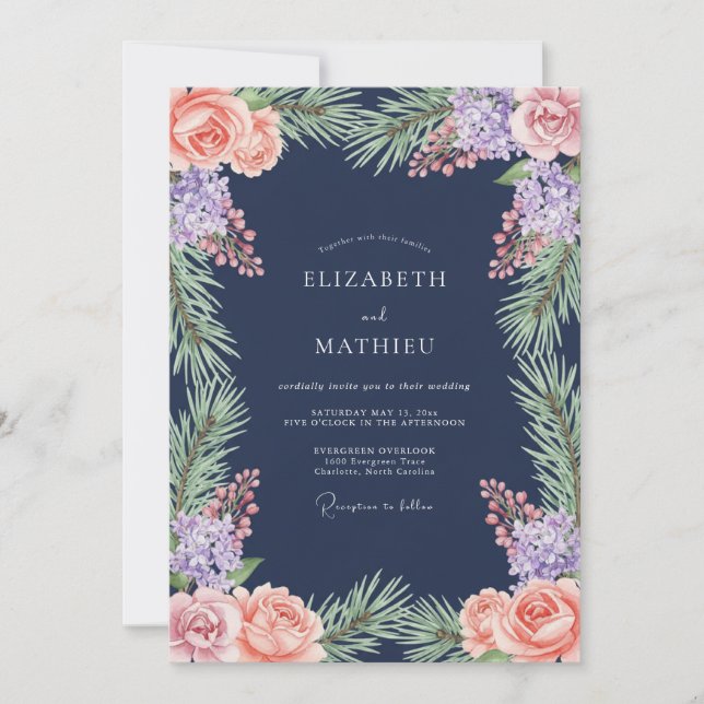 Convites Casamento Romance de Floral Naval Louro (Frente)