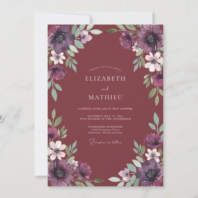 Convites Casamento Romance de Louro Floral Borgonha (Frente)