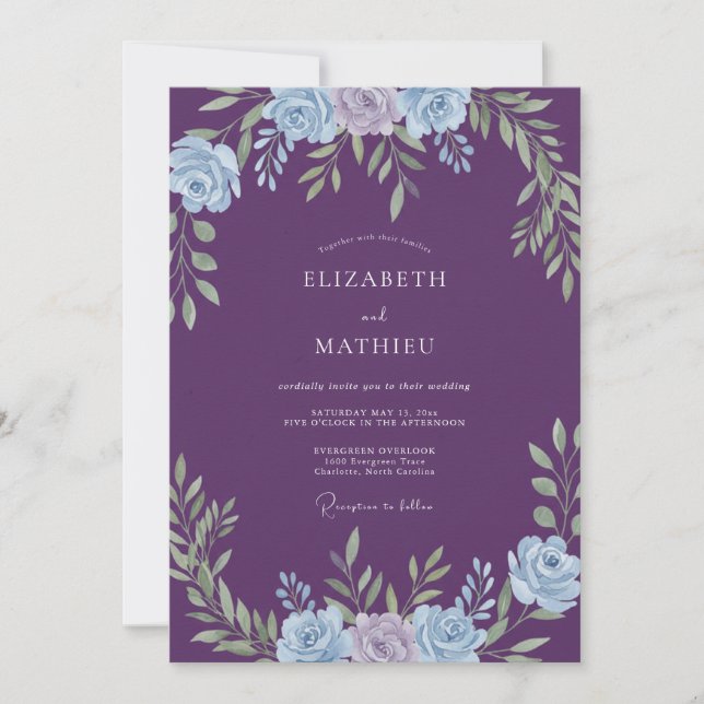 Convites Casamento Romance de Louro Floral Roxo (Frente)