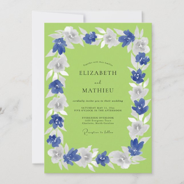 Convites Casamento Romance de Primavera Floral Azul (Frente)