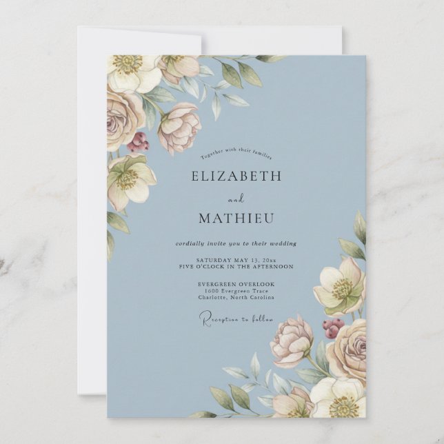 Convites Casamento Romance em Flor Desabrochando Azul Empoe (Frente)