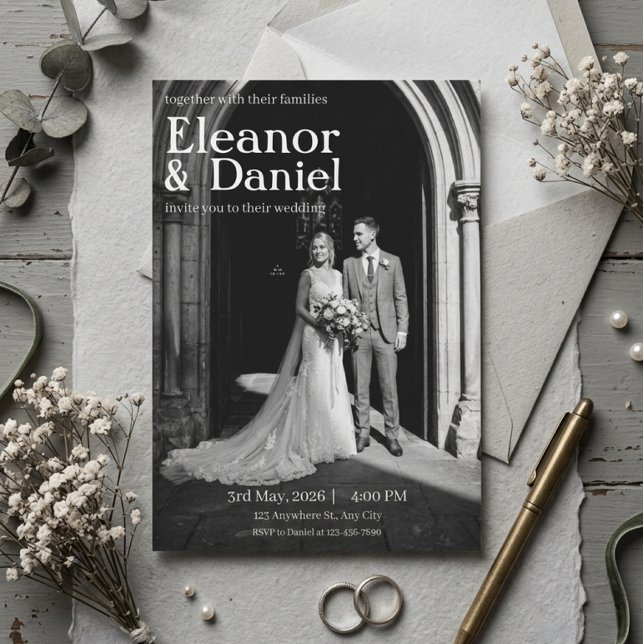Convites Casamento Romance em Preto e Branco (Criador carregado)