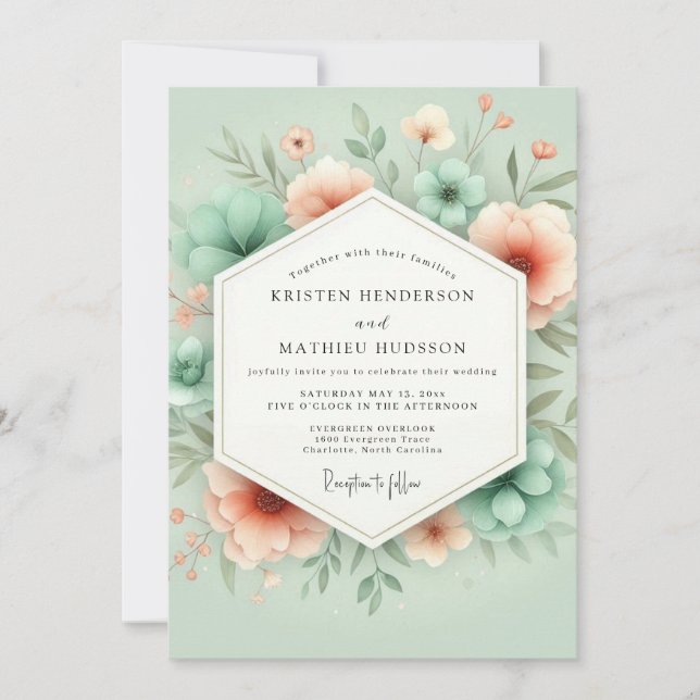Convites Casamento Romance Fantasia Floral Menta (Frente)