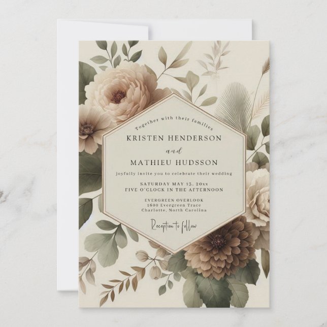 Convites Casamento Romance Flor Beige (Frente)