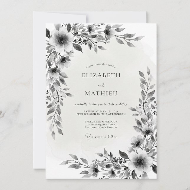 Convites Casamento Romance Flor Black White (Frente)