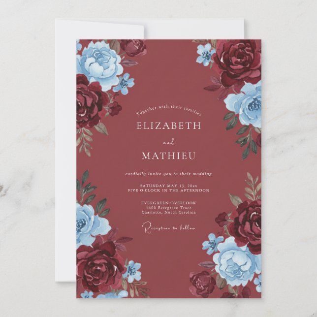 Convites Casamento Romance Flor Burgundy Azul (Frente)
