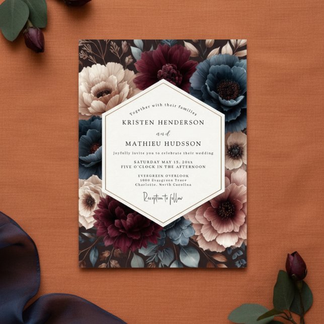 Convites Casamento Romance Flor Burgundy Azul-Ciano (Criador carregado)