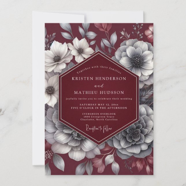 Convites Casamento Romance Flor Burgundy Moody (Frente)