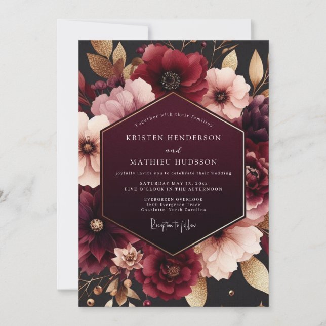 Convites Casamento Romance Flor Burgundy Profunda (Frente)