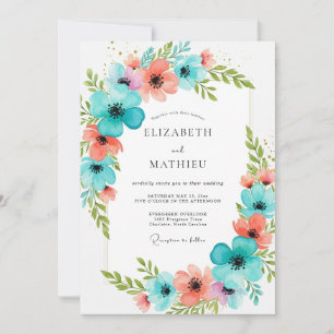 Convites Casamento Romance Flor Coral Turquesa