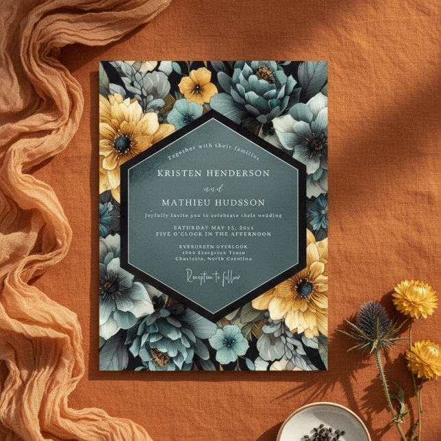 Convites Casamento Romance Flor de Amarelo Azul (Criador carregado)