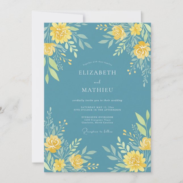 Convites Casamento Romance Flor de Amarelo Azul (Frente)