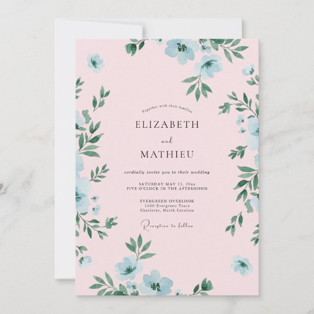 Convites Casamento Romance Flor de Azul Celeste (Frente)