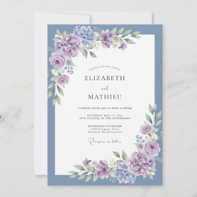 Convites Casamento Romance Flor de Azul Desbotado (Frente)