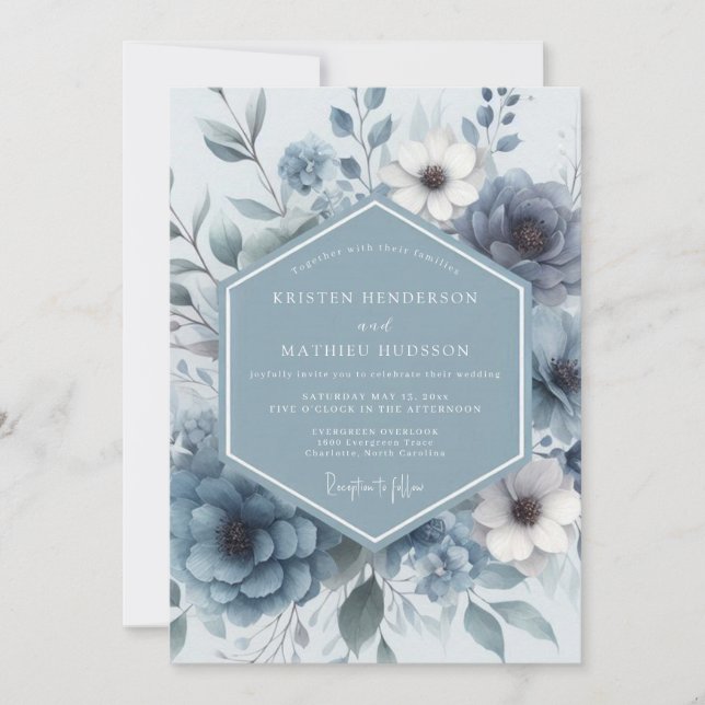 Convites Casamento Romance Flor de Azul Desbotado (Frente)