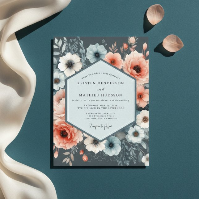 Convites Casamento Romance Flor de Azul Empoeirado (Criador carregado)