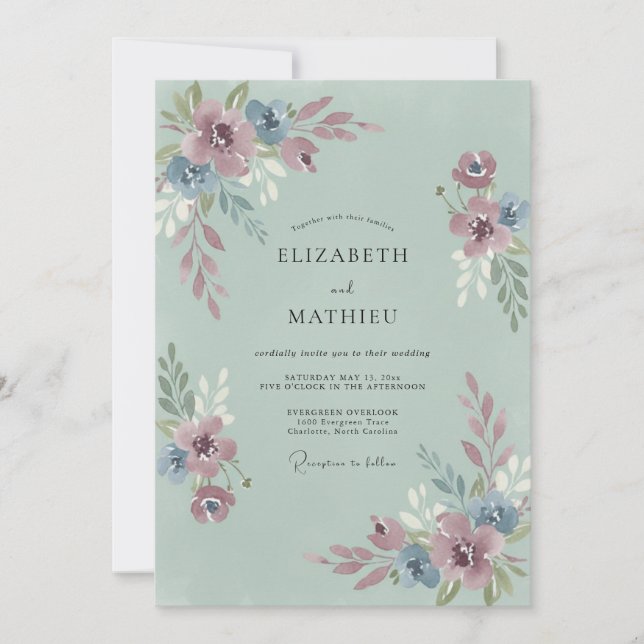 Convites Casamento Romance Flor de Azul Empoeirado (Frente)