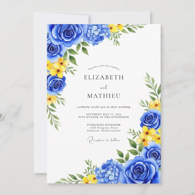 Convites Casamento Romance Flor de Azul Real (Frente)