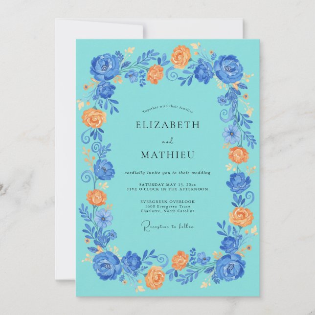 Convites Casamento Romance Flor de Azul Teal (Frente)