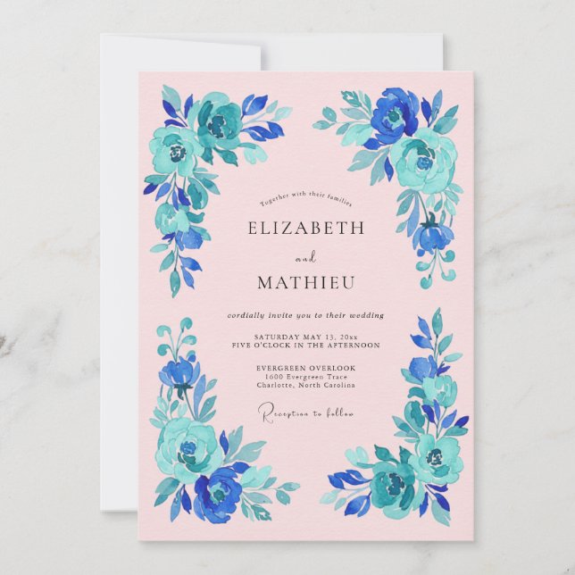 Convites Casamento Romance Flor de Azul Turquesa (Frente)